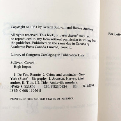 High Hopes: The Amityville Murders by Gerard Sullivan & Harvey Aronson [FIRST EDITION] 1981
