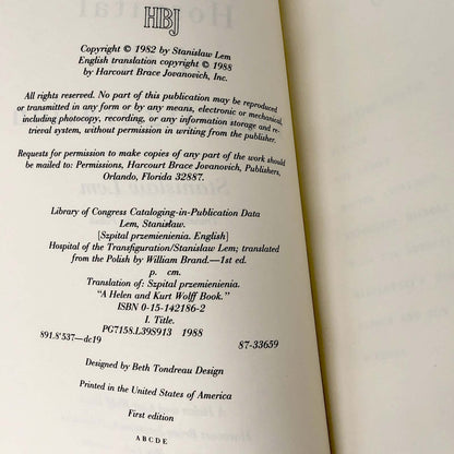 Hospital of the Transfiguration by Stanisław Lem [U.S. FIRST EDITION • FIRST PRINTING] 1988