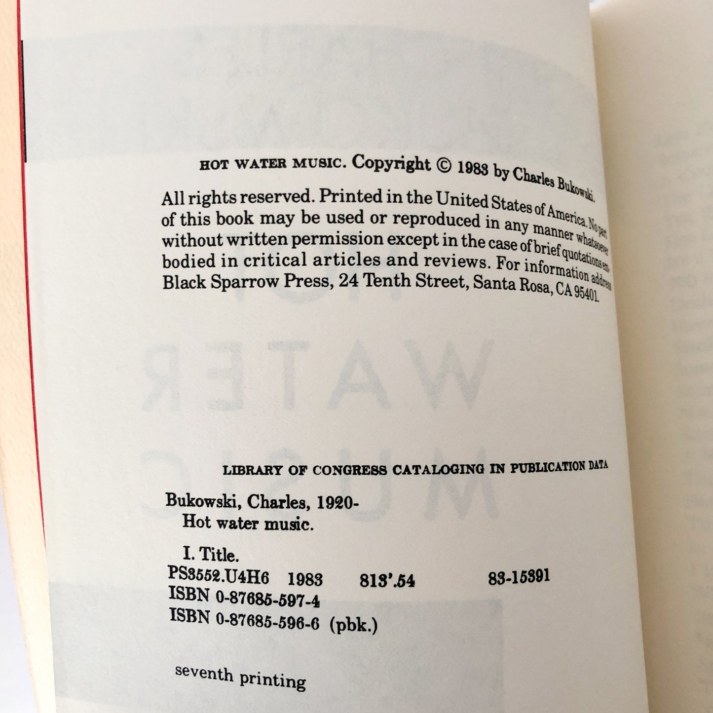 Hot Water Music by Charles Bukowski [FIRST EDITION PAPERBACK] 1989 • 7th Printing