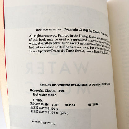 Hot Water Music by Charles Bukowski [FIRST EDITION PAPERBACK] 1989 • 7th Printing
