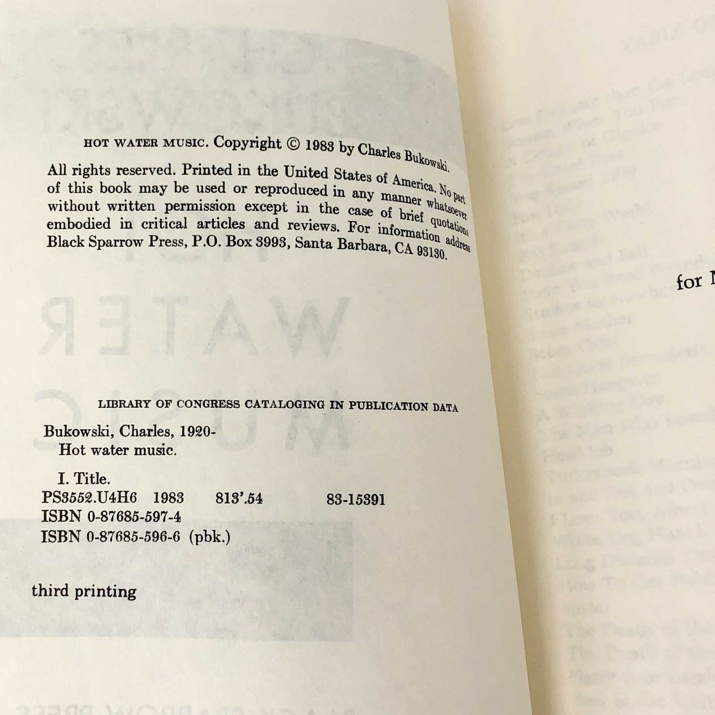 Hot Water Music by Charles Bukowski [FIRST EDITION PAPERBACK] 1985 • 3rd Print • Black Sparrow Press