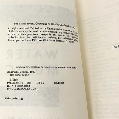 Hot Water Music by Charles Bukowski [FIRST EDITION PAPERBACK] 1985 • 3rd Print • Black Sparrow Press
