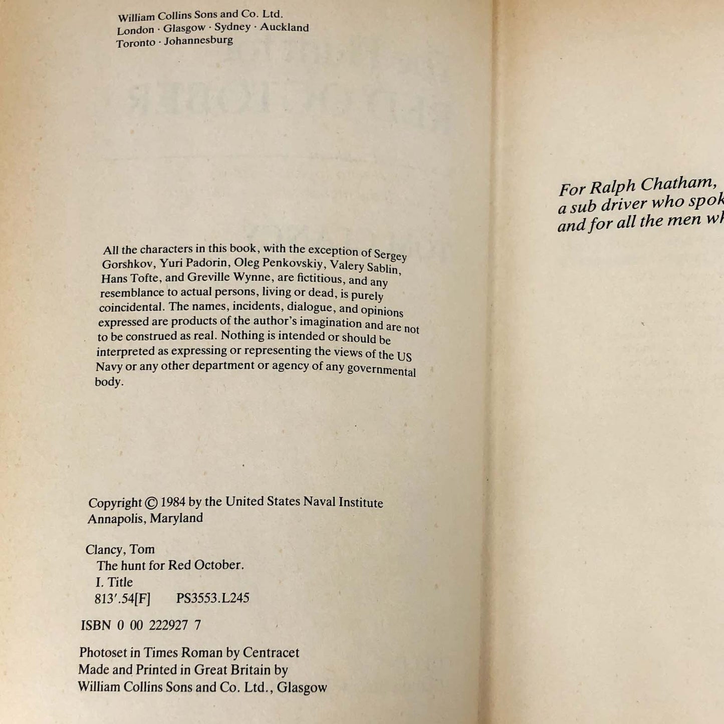 The Hunt For Red October by Tom Clancy [U.K. FIRST EDITION] 1985 • Collins • Jack Ryan #1