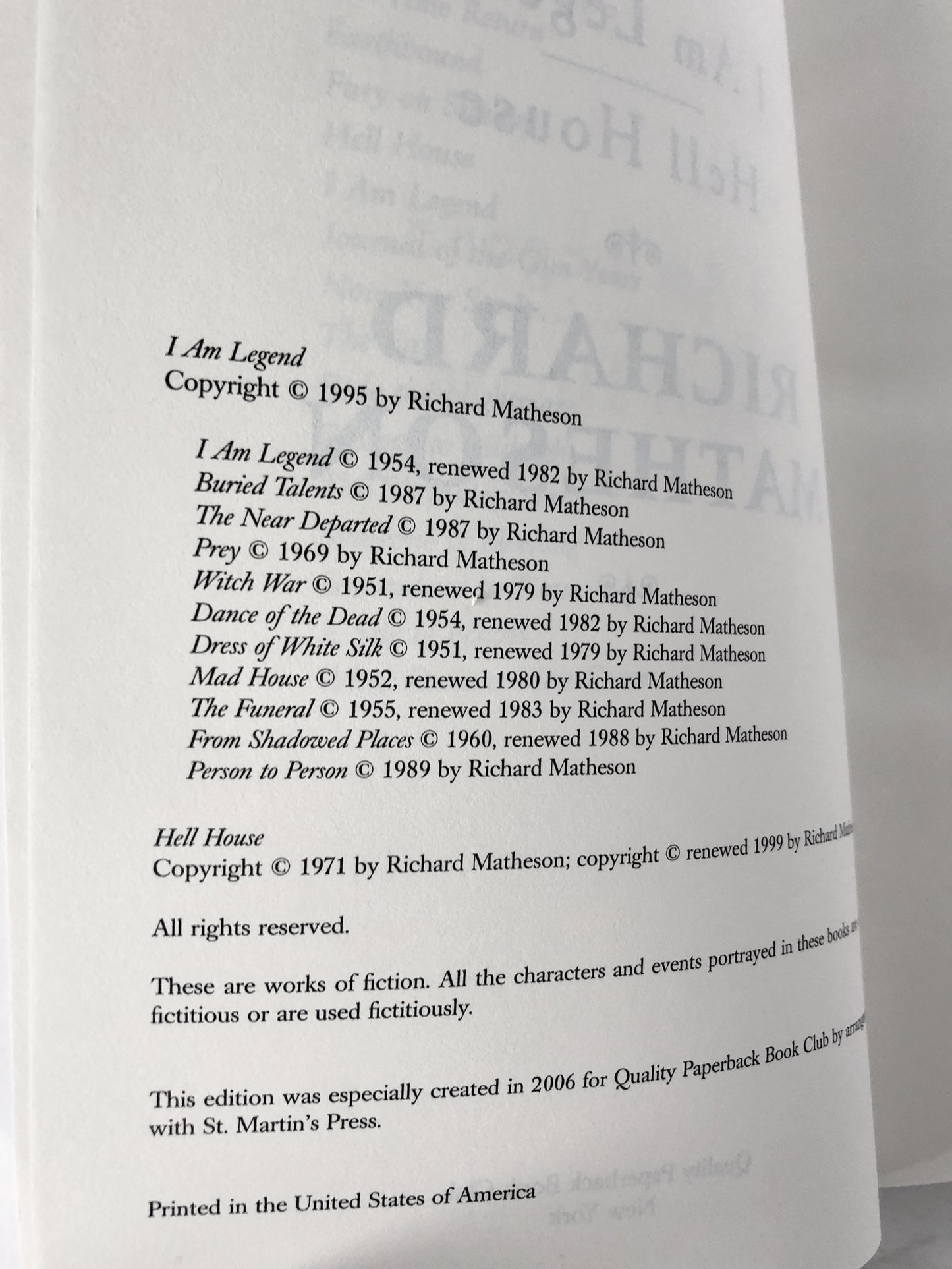 I Am Legend & Hell House: Two Novels by Richard Matheson [TRADE PAPERBACK / 2006]