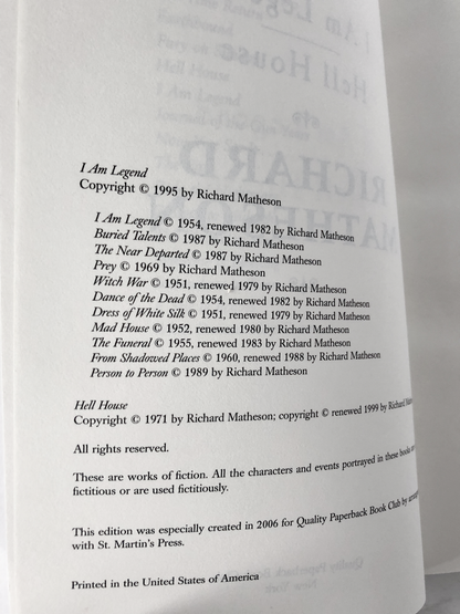 I Am Legend & Hell House: Two Novels by Richard Matheson [TRADE PAPERBACK / 2006]