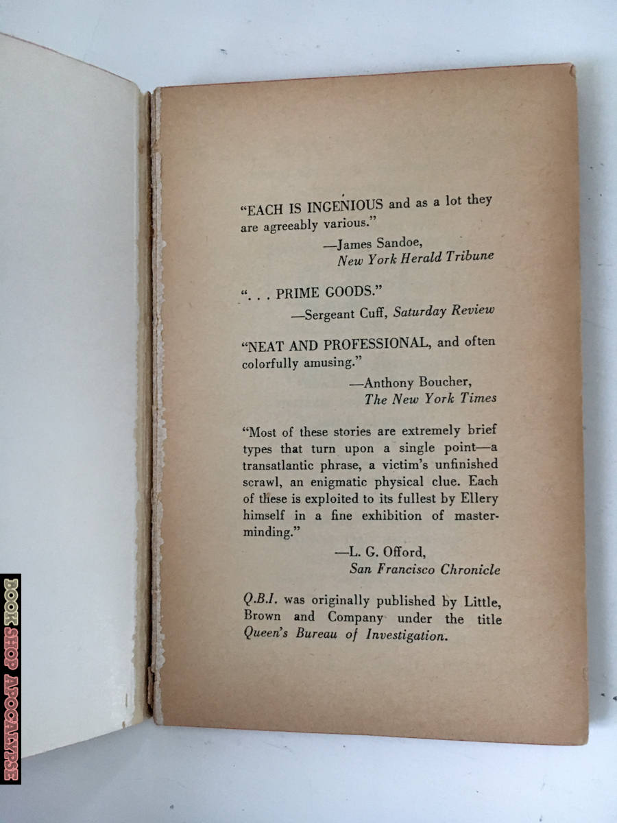 Q.B.I.: Queen's Bureau of Investigation by Ellery Queen [1956 PAPERBACK] - Bookshop Apocalypse