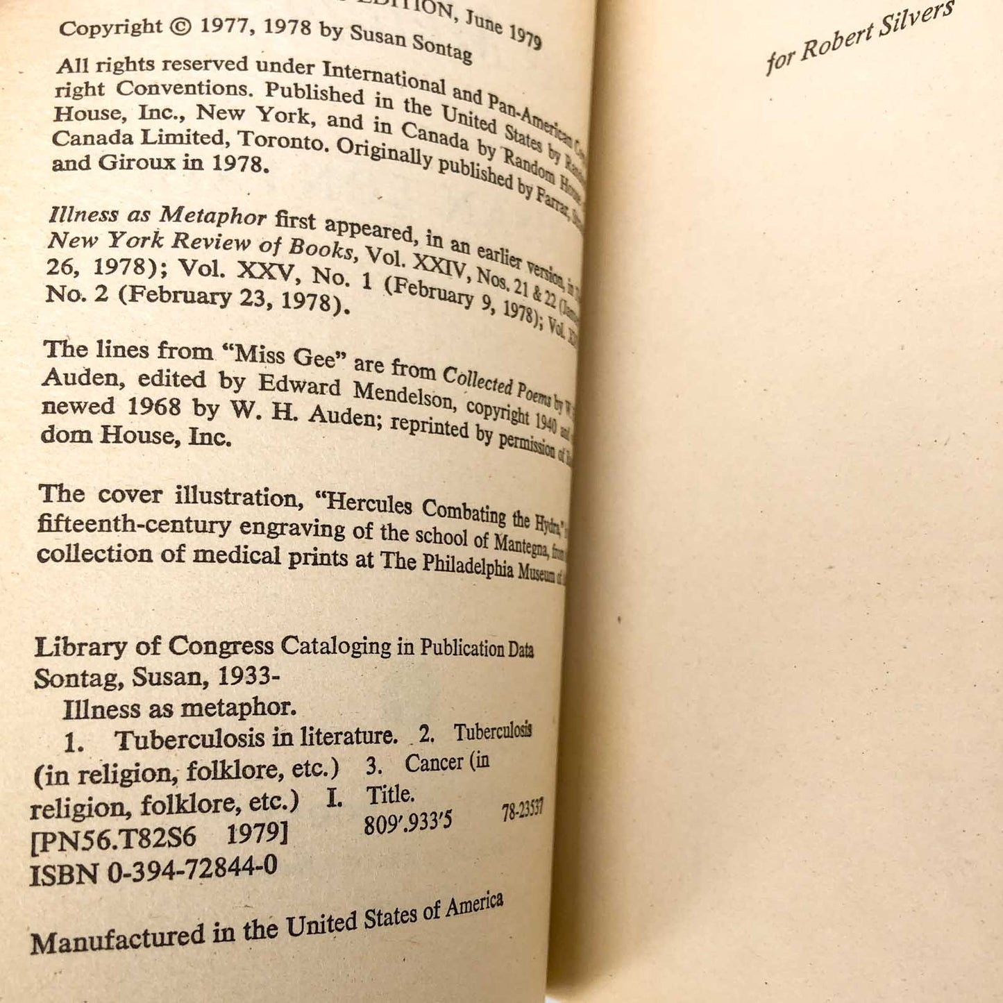 Illness as Metaphor by Susan Sontag [FIRST PAPERBACK PRINTING] 1979