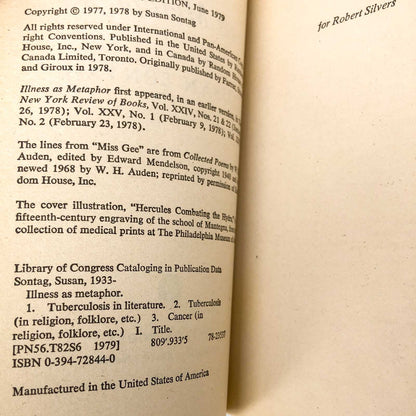 Illness as Metaphor by Susan Sontag [FIRST PAPERBACK PRINTING] 1979