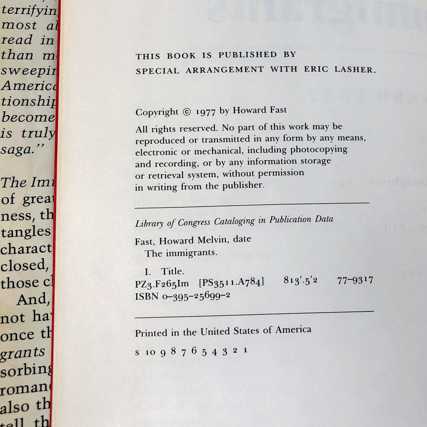 The Immigrants by Howard Fast [FIRST EDITION • FIRST PRINTING] 1977