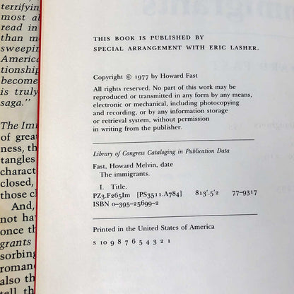 The Immigrants by Howard Fast [FIRST EDITION • FIRST PRINTING] 1977