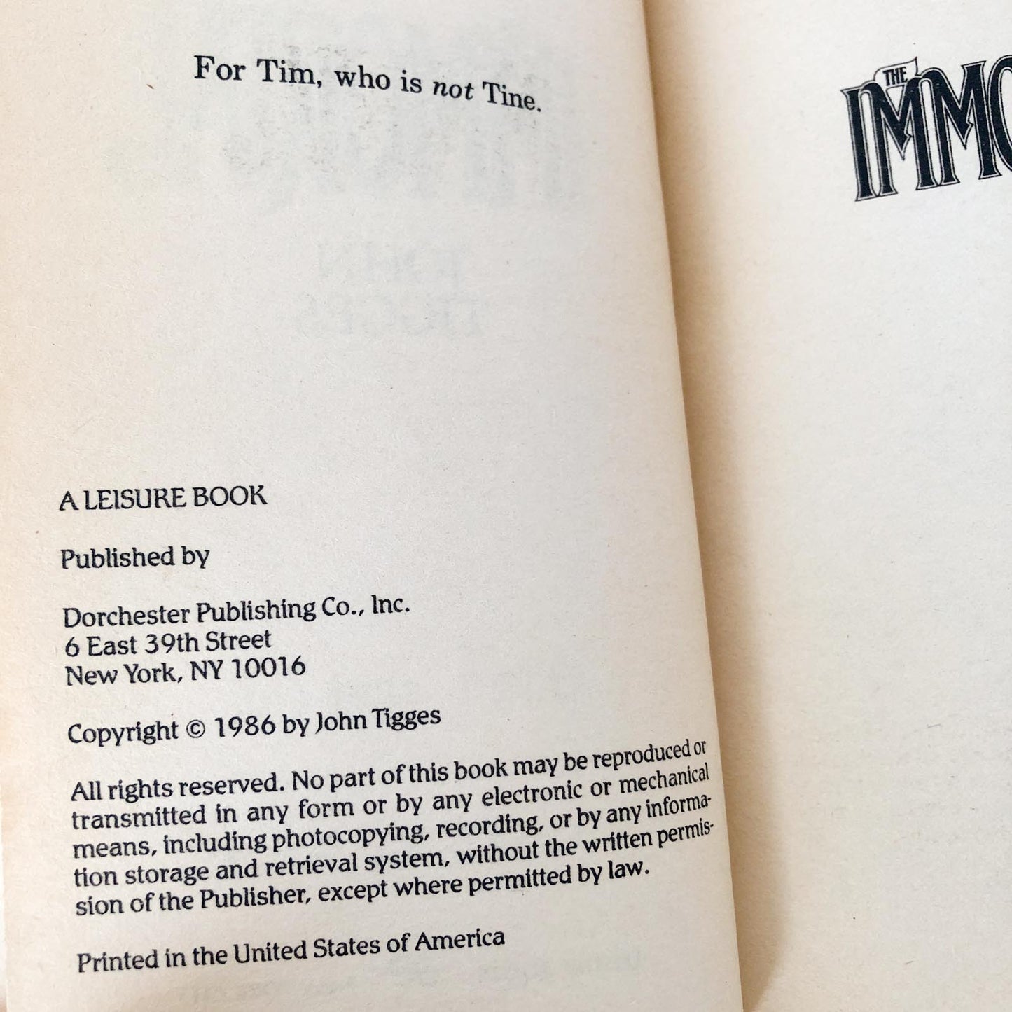 The Immortal by John Tigges [FIRST EDITION / 1986] Leisure Horror