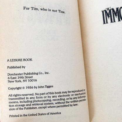 The Immortal by John Tigges [FIRST EDITION / 1986] Leisure Horror
