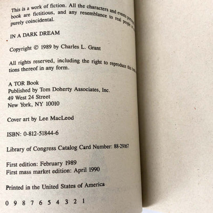 In a Dark Dream by Charles L. Grant [FIRST PAPERBACK PRINTING] 1990 • TOR Horror