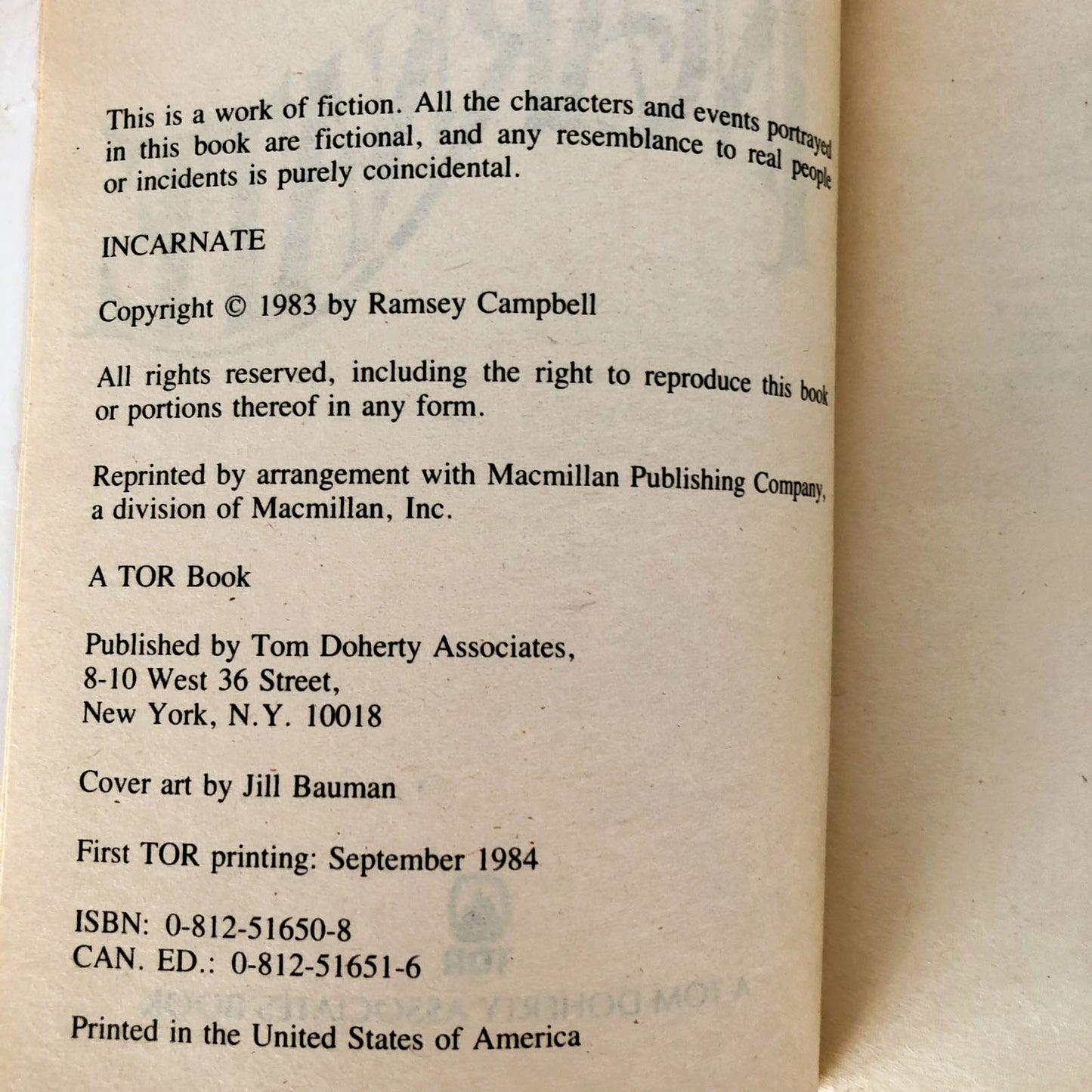 Incarnate by Ramsey Campbell [1984 FIRST PAPERBACK PRINTING]