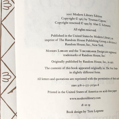 In Cold Blood by Truman Capote [HARDCOVER RE-ISSUE] 2007 • The Modern Library