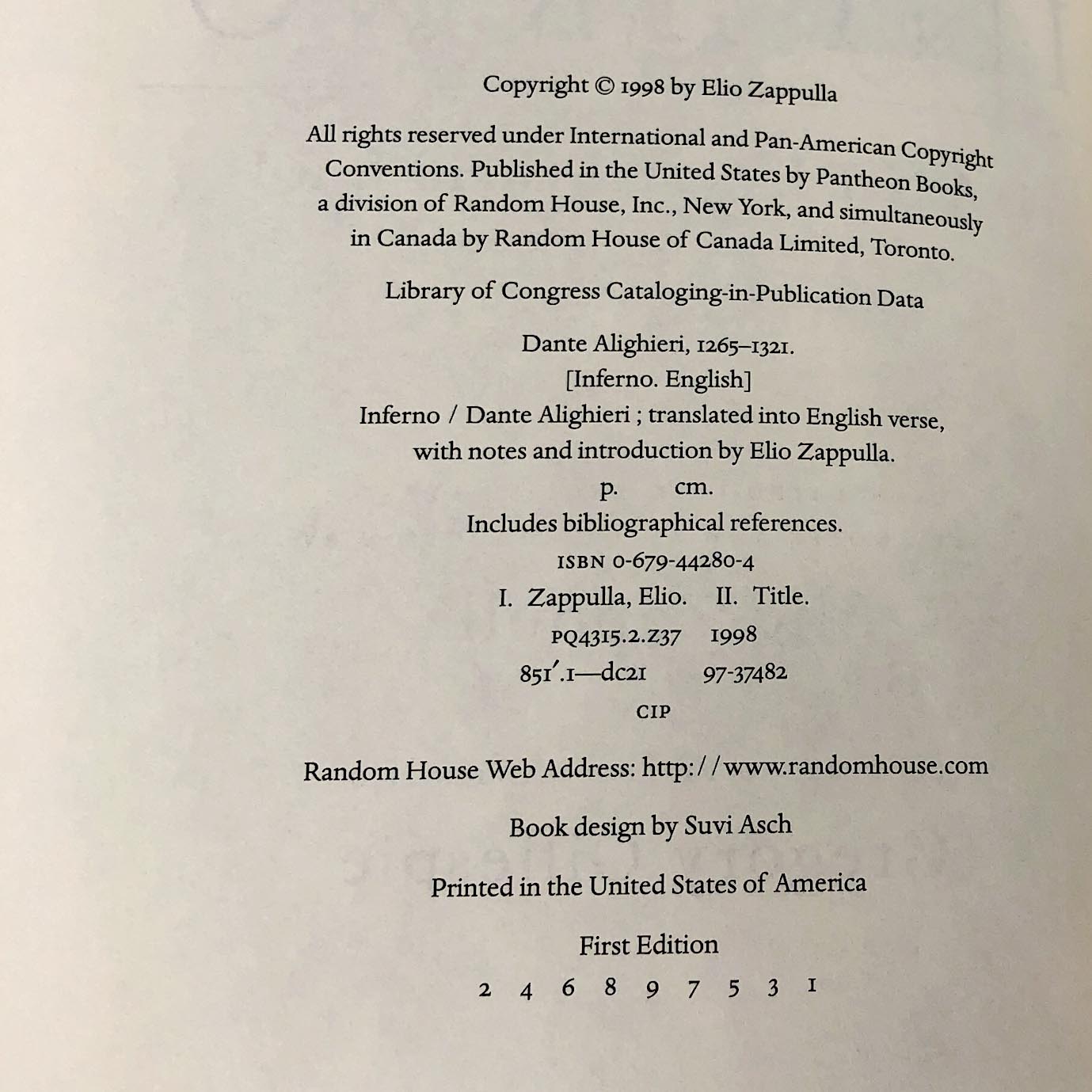 Inferno by Dante Alighieri - A New Verse Translation by Elio Zappulla  [FIRST EDITION THUS] 1998