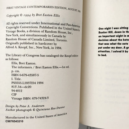 The Informers by Bret Easton Ellis [TRADE PAPERBACK / 1995] - Bookshop Apocalypse
