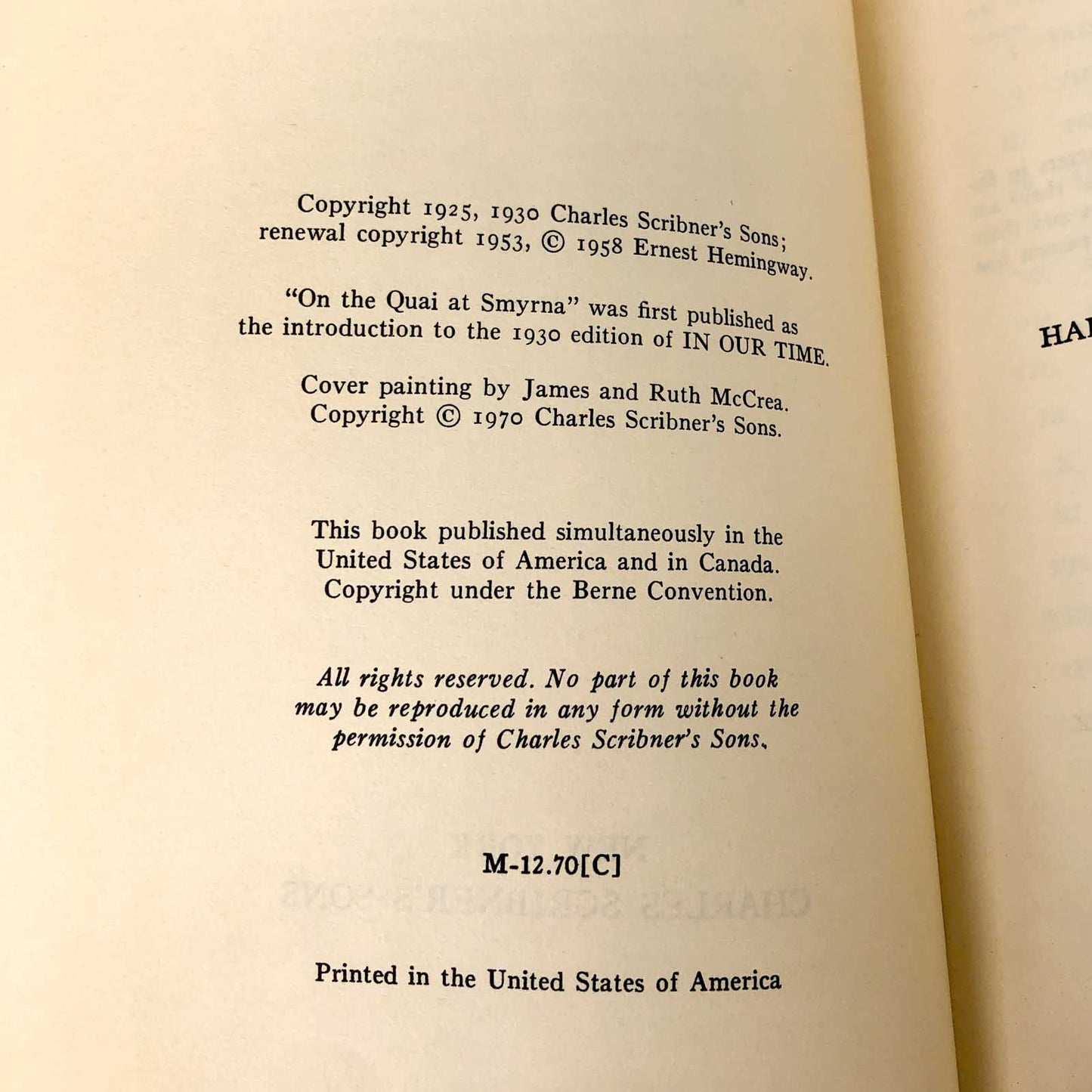 In Our Time by Ernest Hemingway [TRADE PAPERBACK] 1970 • Scribner