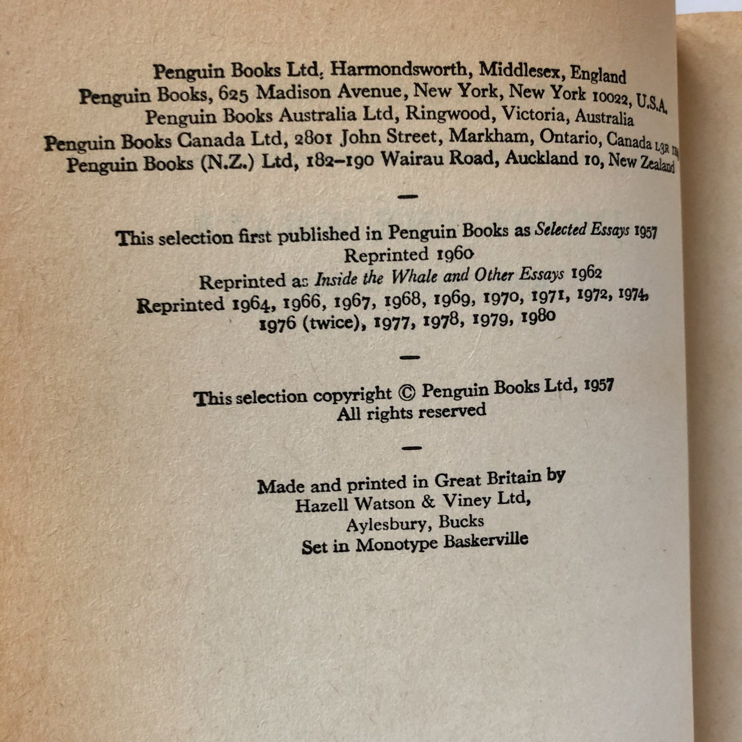 Inside the Whale & Other Essays by George Orwell [1980 UK PAPERBACK] - Bookshop Apocalypse