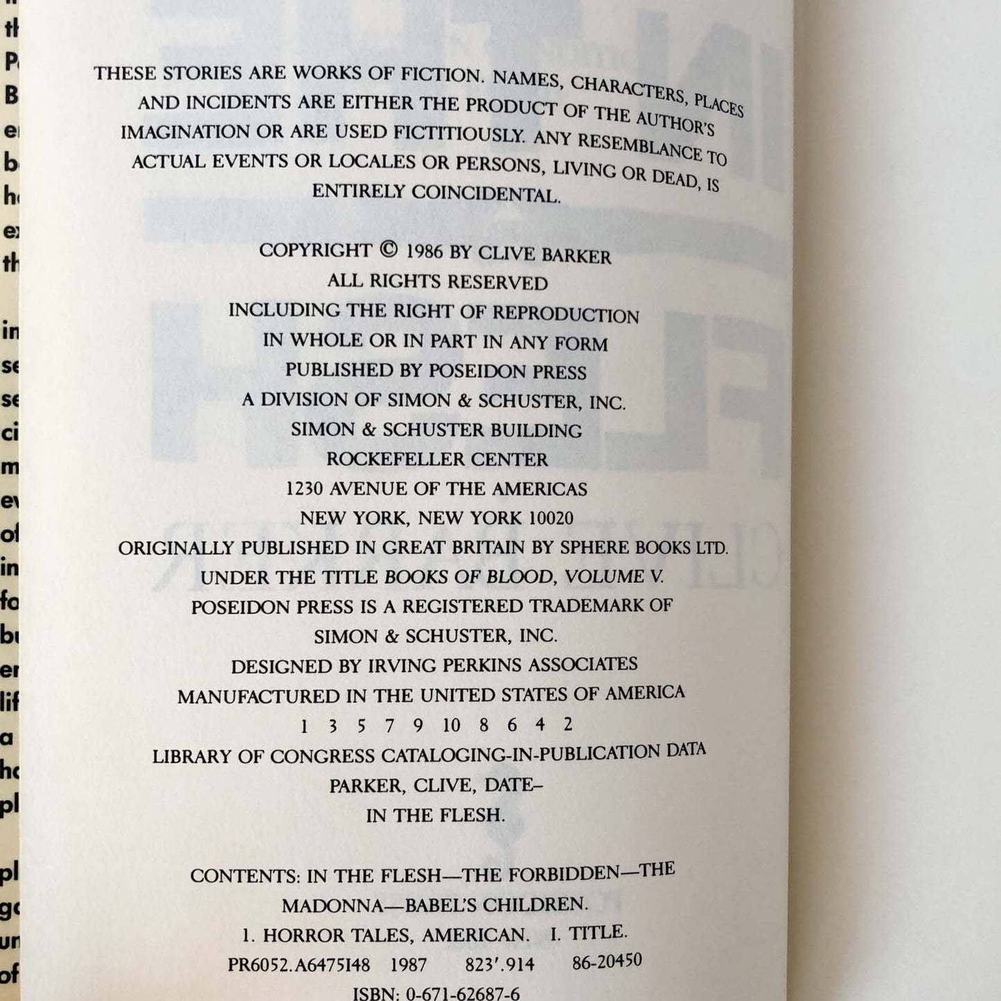 In the Flesh by Clive Barker [FIRST EDITION / FIRST PRINTING] 1986