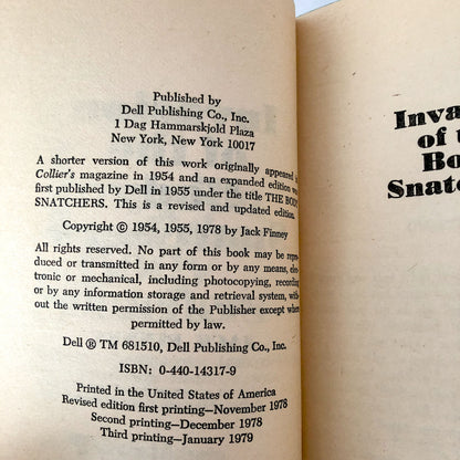 Invasion of the Body Snatchers by Jack Finney [1979 PAPERBACK]