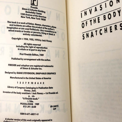 Invasion of the Body Snatchers by Jack Finney [1989 TRADE PAPERBACK] • Fireside Books