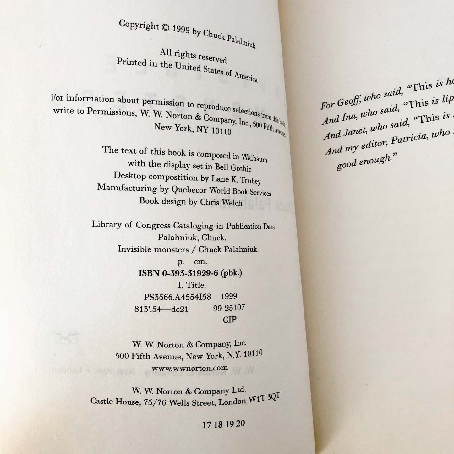 Invisible Monsters by Chuck Palahniuk [FIRST EDITION] 1999