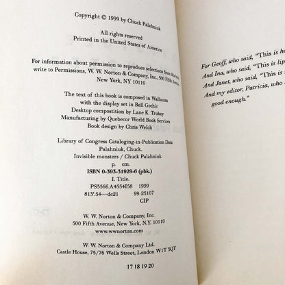 Invisible Monsters by Chuck Palahniuk [FIRST EDITION] 1999