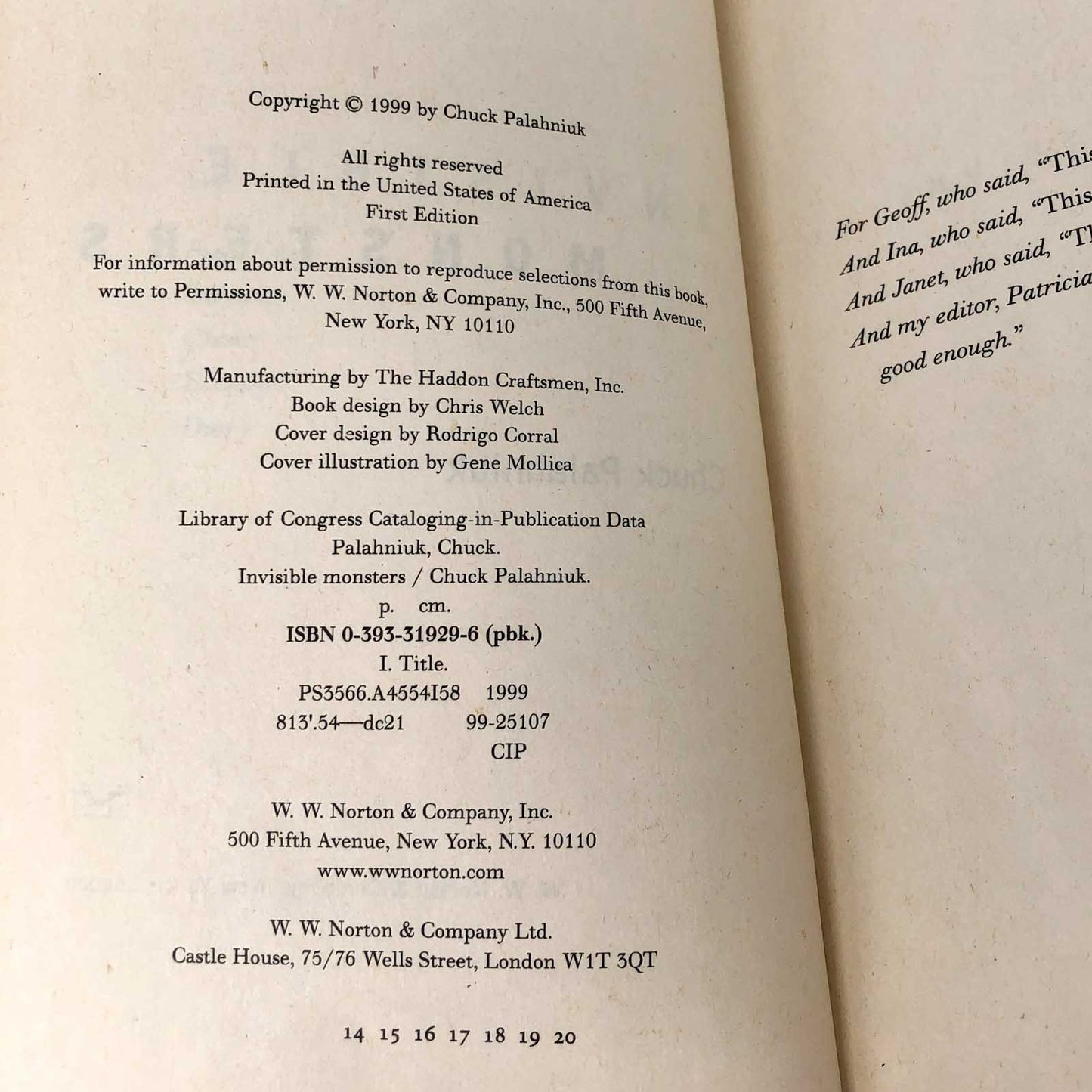 Invisible Monsters by Chuck Palahniuk [2nd EDITION PAPERBACK] 1999