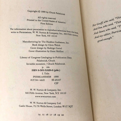 Invisible Monsters by Chuck Palahniuk [2nd EDITION PAPERBACK] 1999