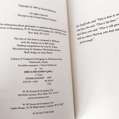 Invisible Monsters by Chuck Palahniuk SIGNED! [FIRST EDITION] 1999