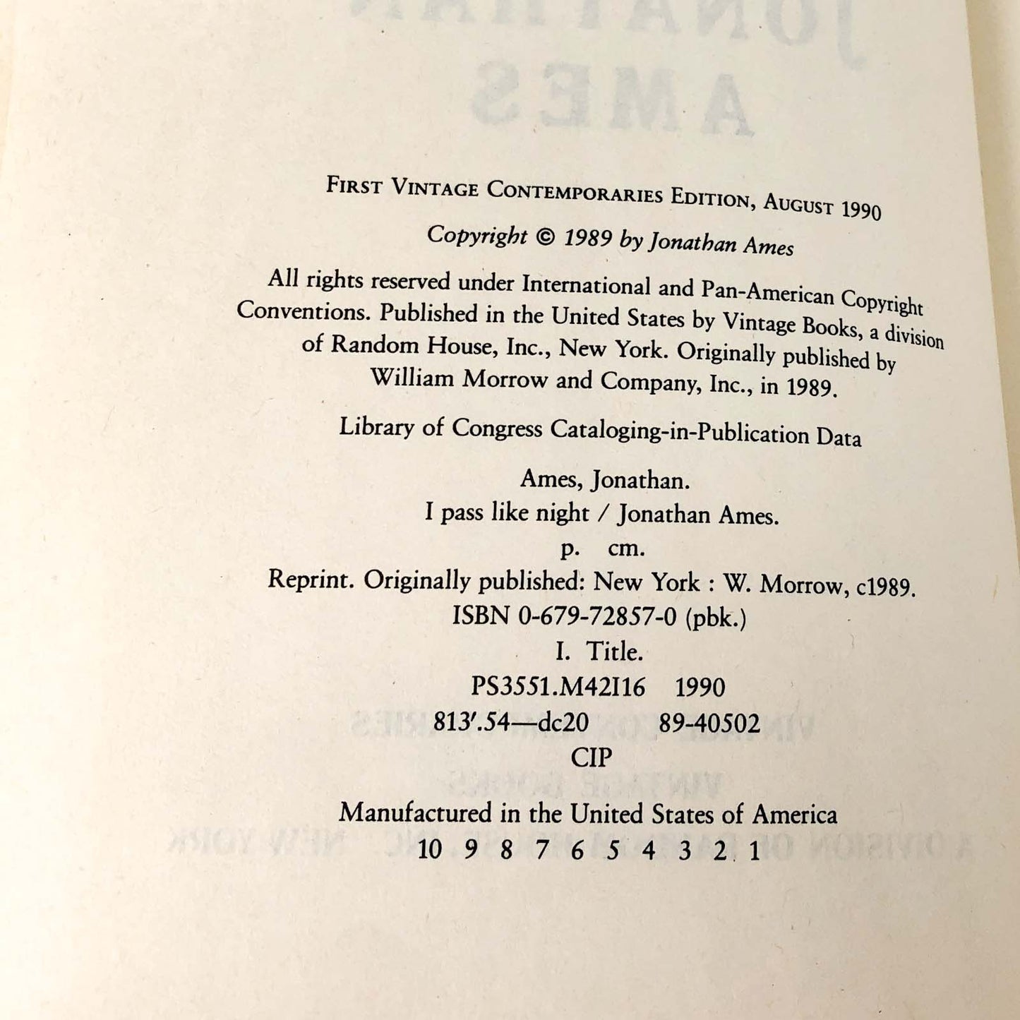 I Pass Like Night by Jonathan Ames [FIRST PAPERBACK PRINTING] 1990