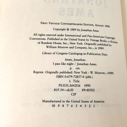 I Pass Like Night by Jonathan Ames [FIRST PAPERBACK PRINTING] 1990