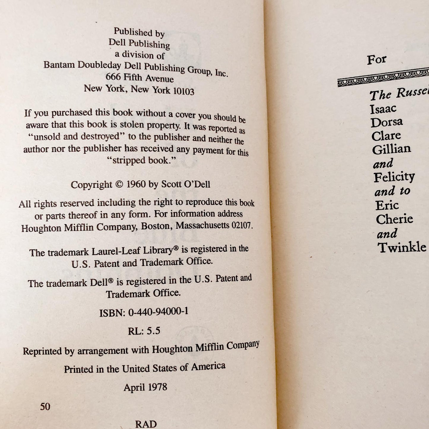 Island of the Blue Dolphins by Scott O'Dell [1978 PAPERBACK]