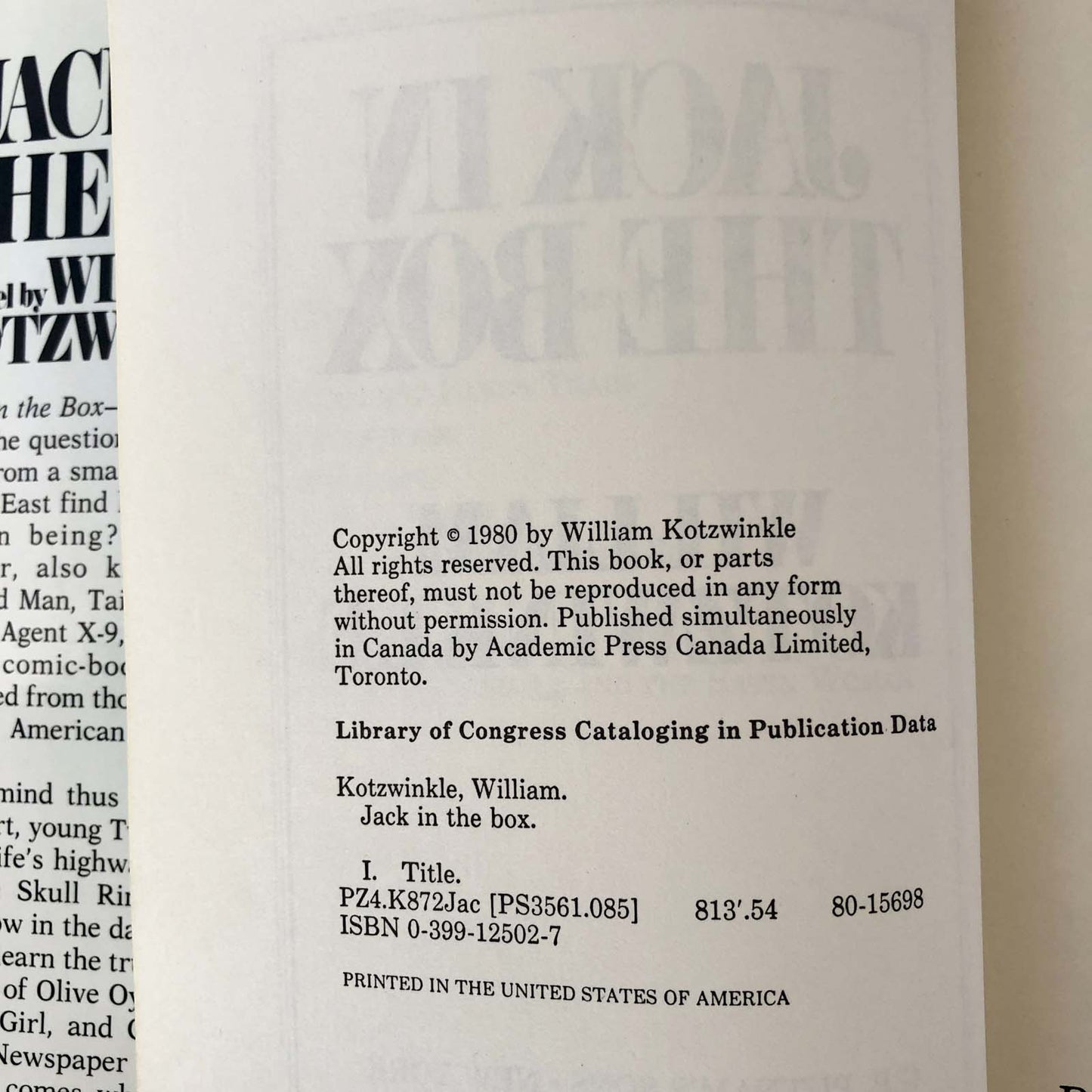 Jack in the Box by William Kotzwinkle [FIRST EDITION / FIRST PRINTING] 1980