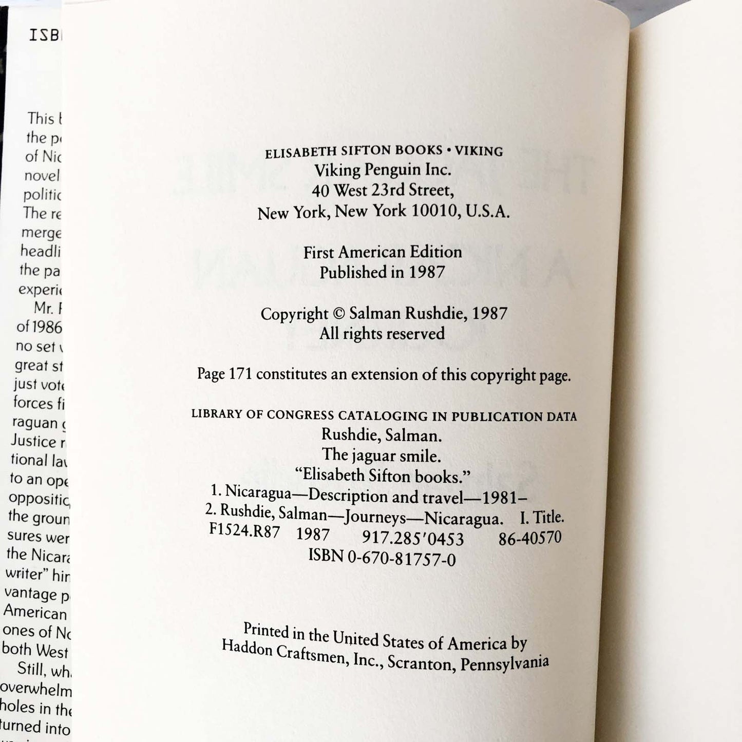 The Jaguar Smile: A Nicaraguan Journey by Salman Rushdie [FIRST EDITION / FIRST PRINTING]