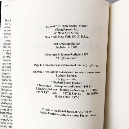 The Jaguar Smile: A Nicaraguan Journey by Salman Rushdie [FIRST EDITION / FIRST PRINTING]