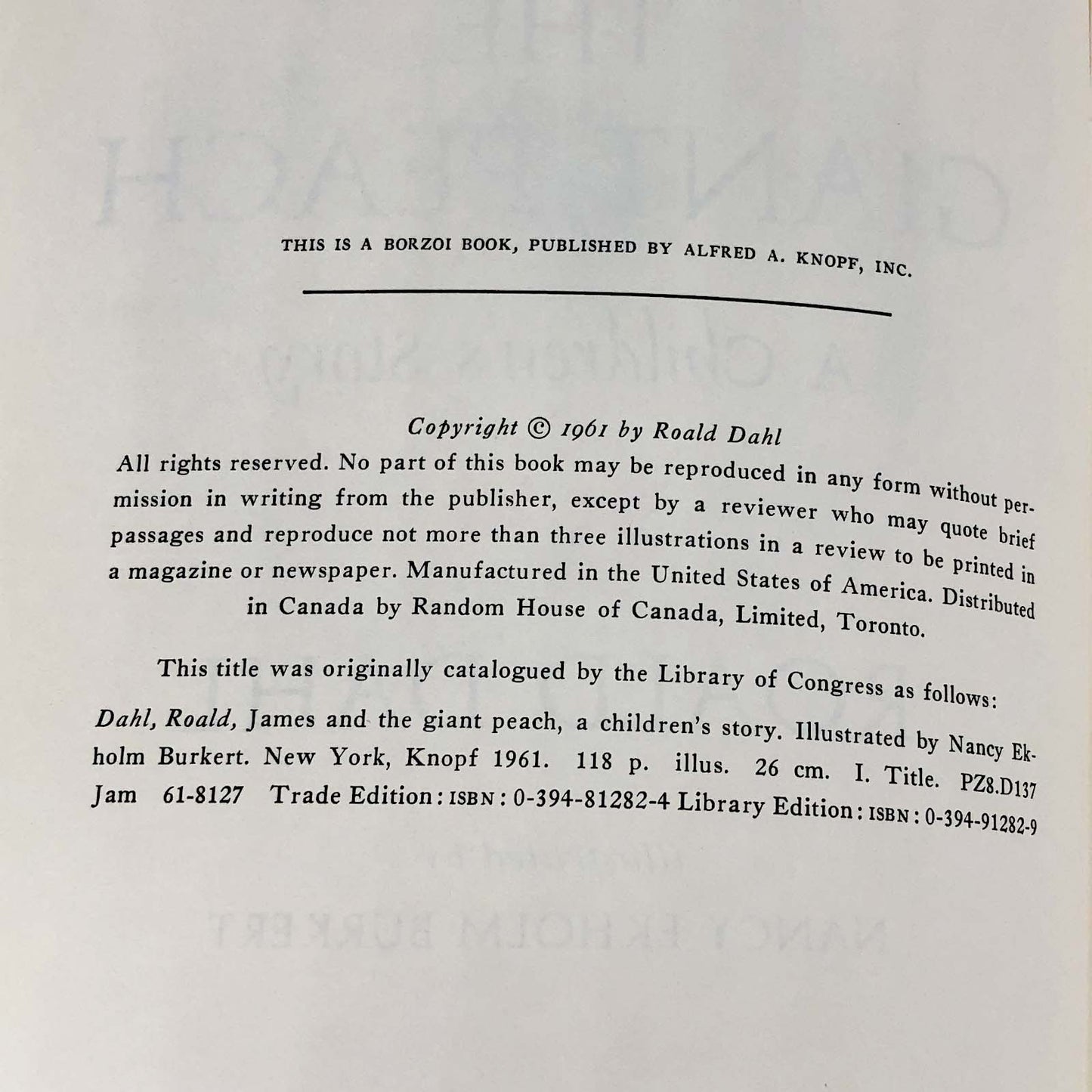 James and the Giant Peach by Roald Dahl [FIRST EDITION] 1961 • Mint!