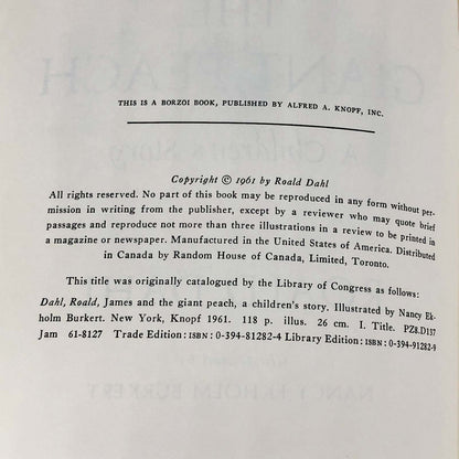 James and the Giant Peach by Roald Dahl [FIRST EDITION] 1961 • Mint!