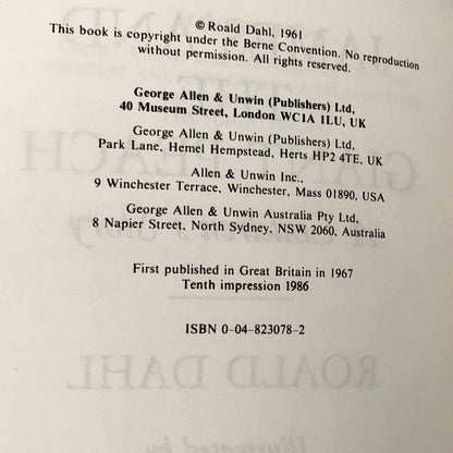 James and the Giant Peach by Roald Dahl [1986 U.K. HARDCOVER]