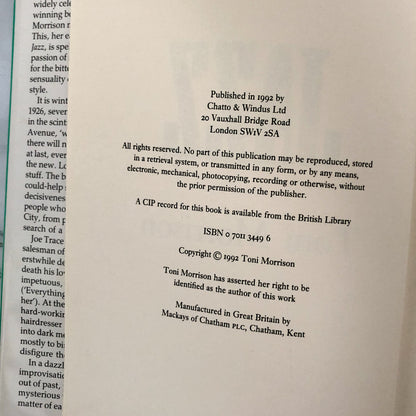 Jazz by Toni Morrison [U.K. FIRST EDITION / FIRST PRINTING]