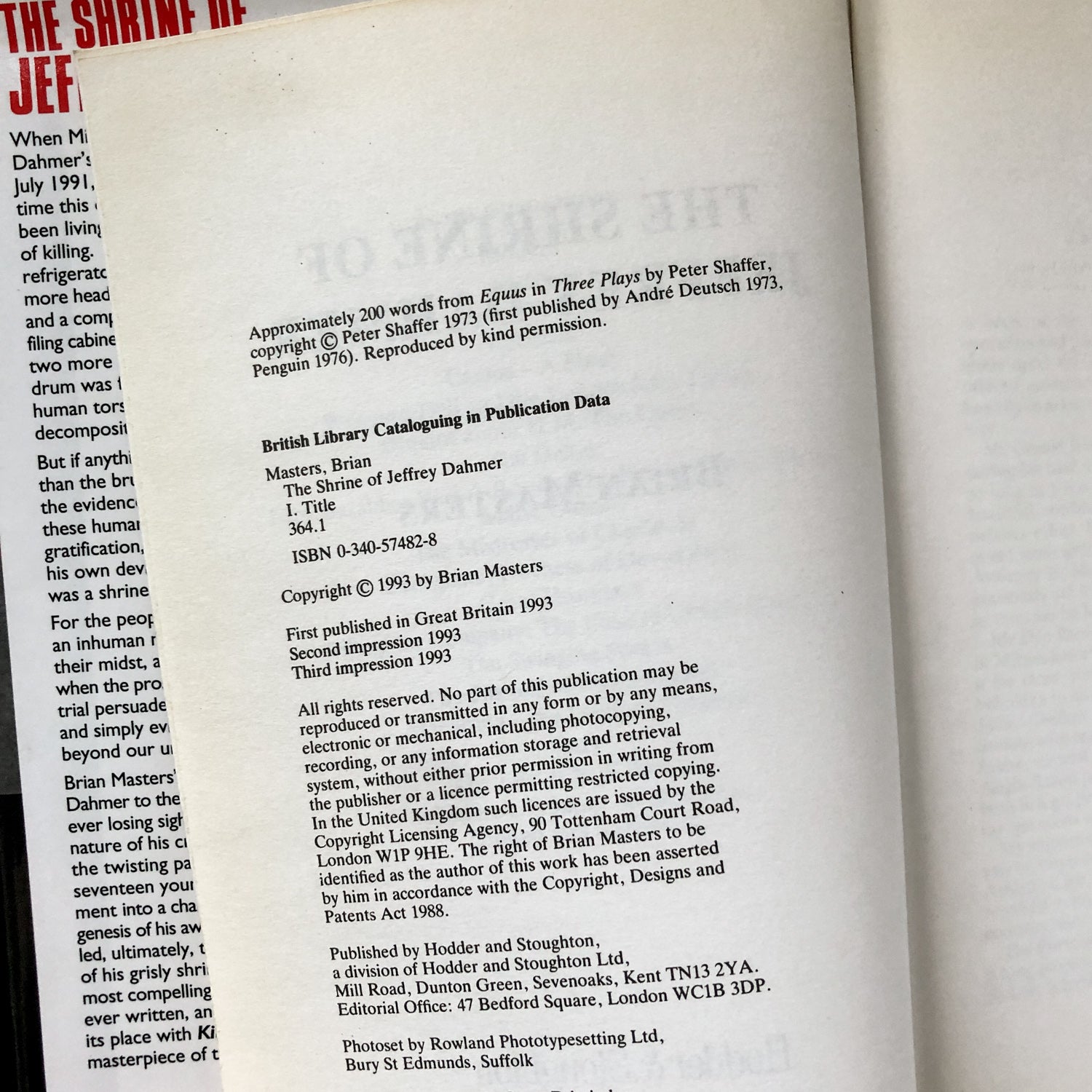 The Shrine of Jeffrey Dahmer by Brian Masters [UK FIRST EDITION] - Bookshop Apocalypse