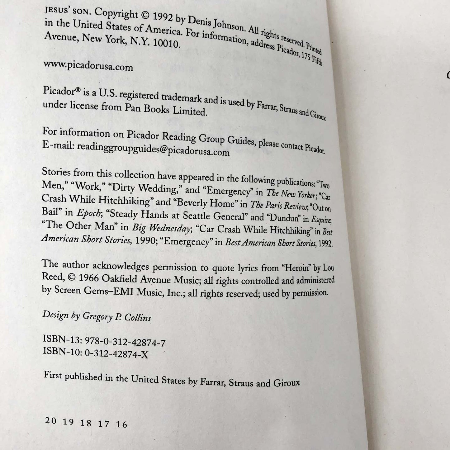 Jesus' Son by Denis Johnson [PICADOR TRADE PAPERBACK]