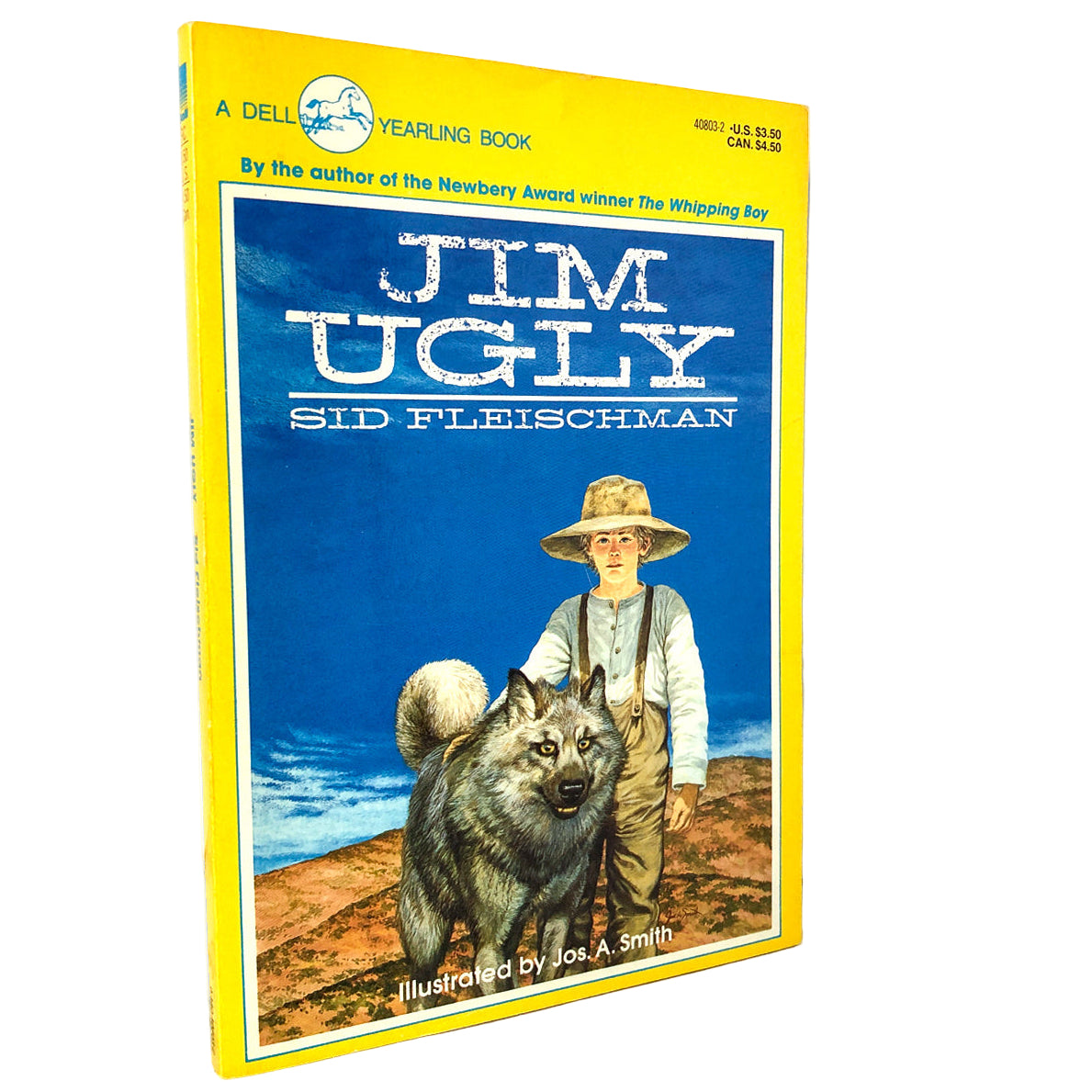 A paperback book cover of 'Jim Ugly' by Sid Fleischman, featuring an illustration of a boy with a dog on the cover.