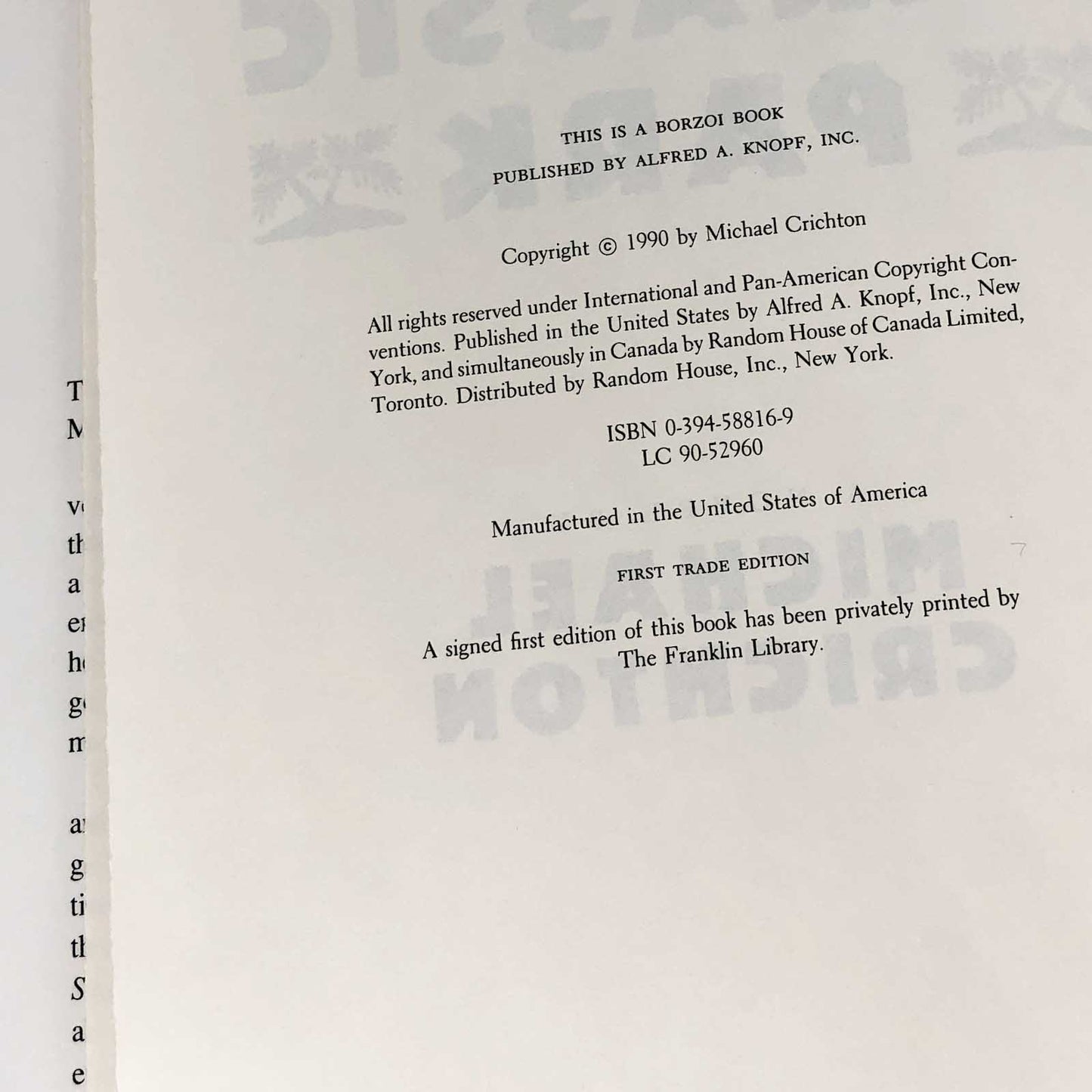 Jurassic Park by Michael Crichton [FIRST EDITION / FIRST PRINTING] 1990