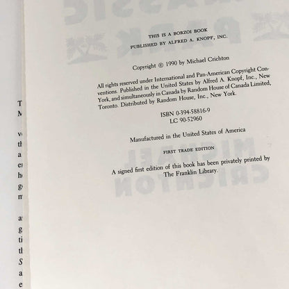 Jurassic Park by Michael Crichton [FIRST EDITION / FIRST PRINTING] 1990