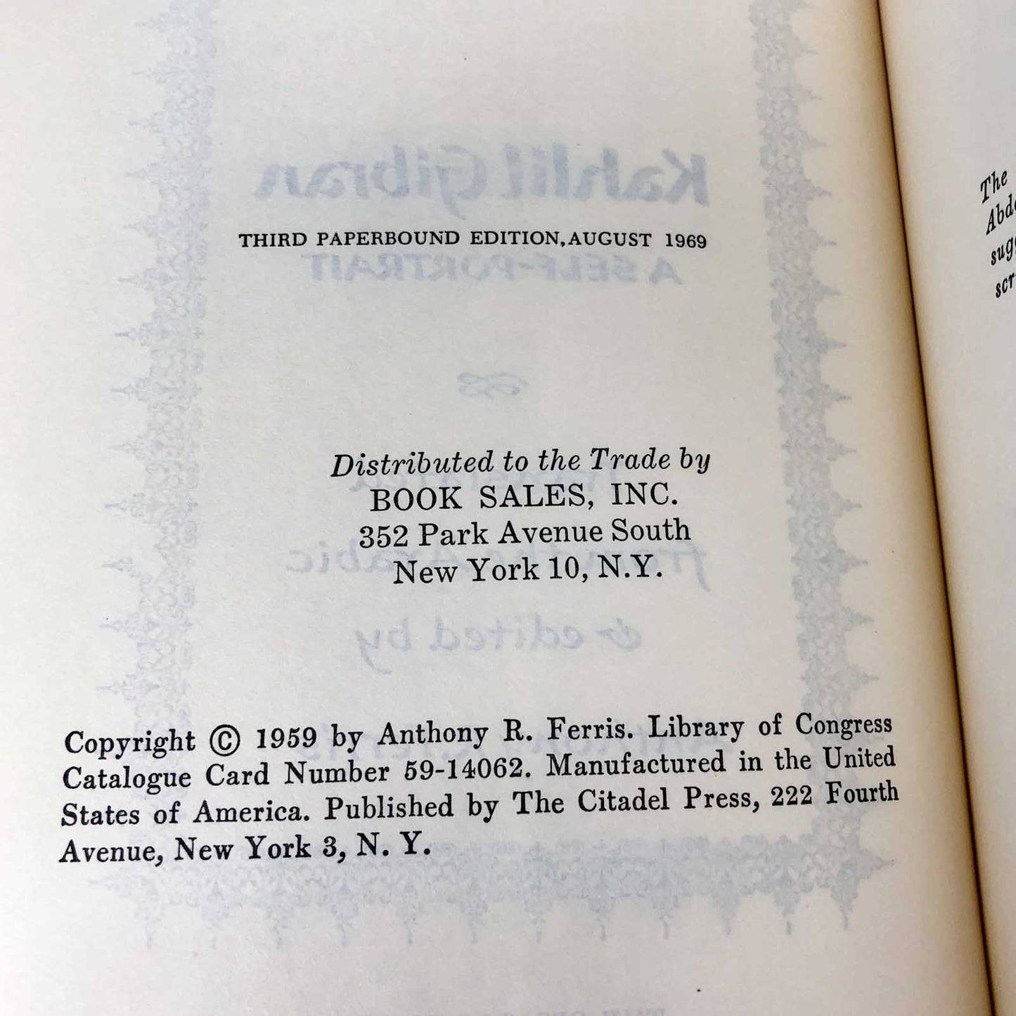 A Self Portrait by Kahlil Gibran [THIRD EDITION HARDCOVER] 1969