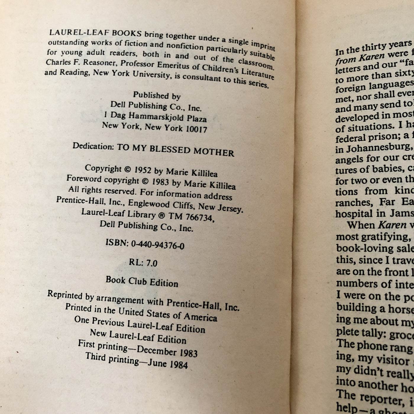 Karen by Marie Killilea [1984 PAPERBACK]