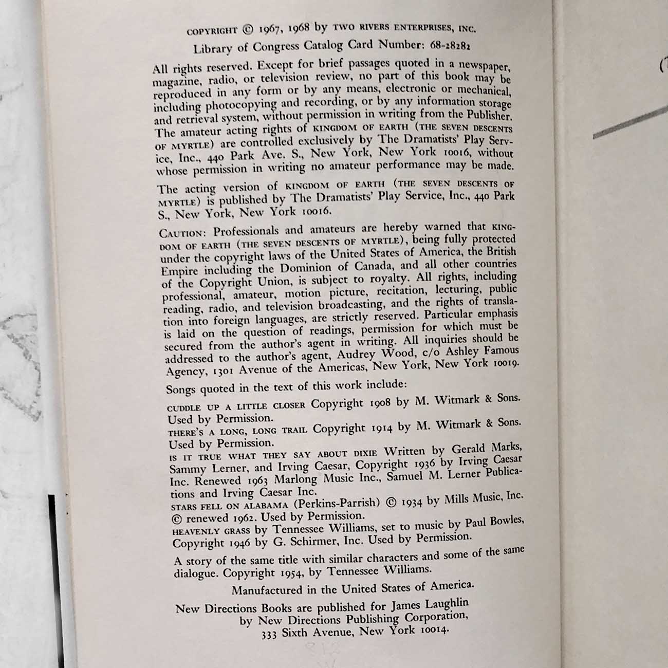 Kingdom of Earth by Tennessee Williams [FIRST EDITION] 1968
