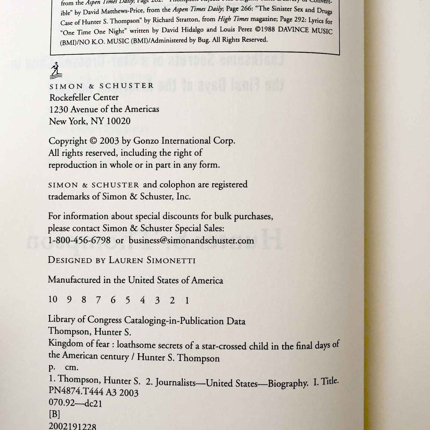 Kingdom of Fear by Hunter S. Thompson [FIRST EDITION • FIRST PRINTING] 2003